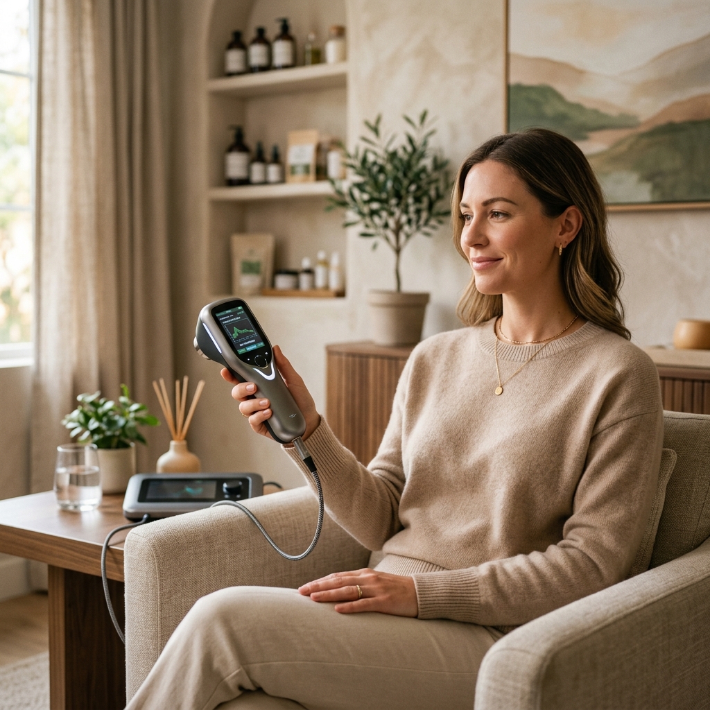 Modern bioresonance handheld probe representing painless alternative medicine joint scan