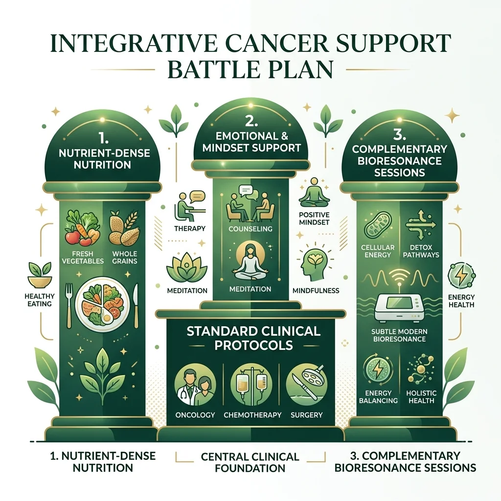Integrative cancer support South Africa battle plan infographic combining standard oncology, nutrition, emotional support, and bioresonance sessions in Randburg