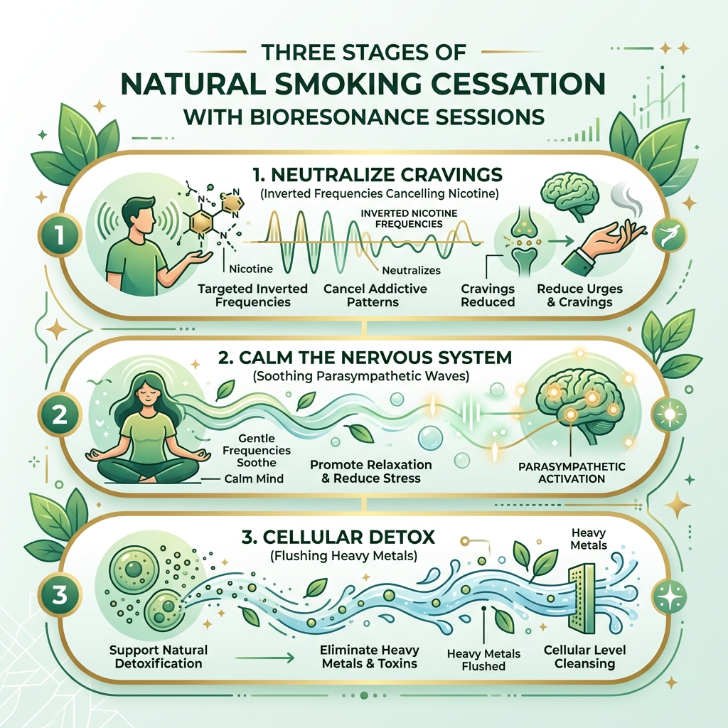 Infographic detailing the 3 key phases of bioresonance smoking cessation: 1. Nicotine frequency neutralization, 2. Autonomic nervous calming, 3. Cellular heavy metal drainage