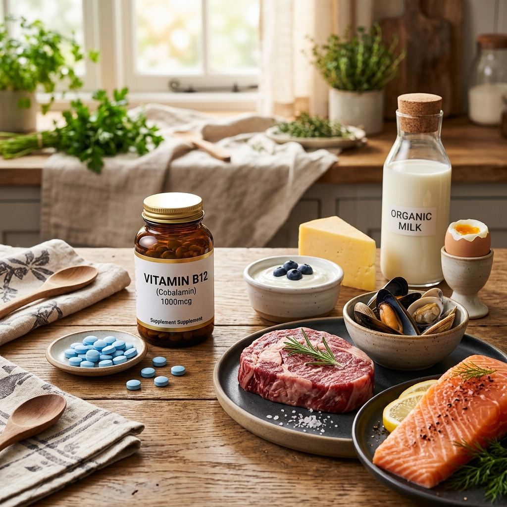 Vitamin B12 supplements and food sources