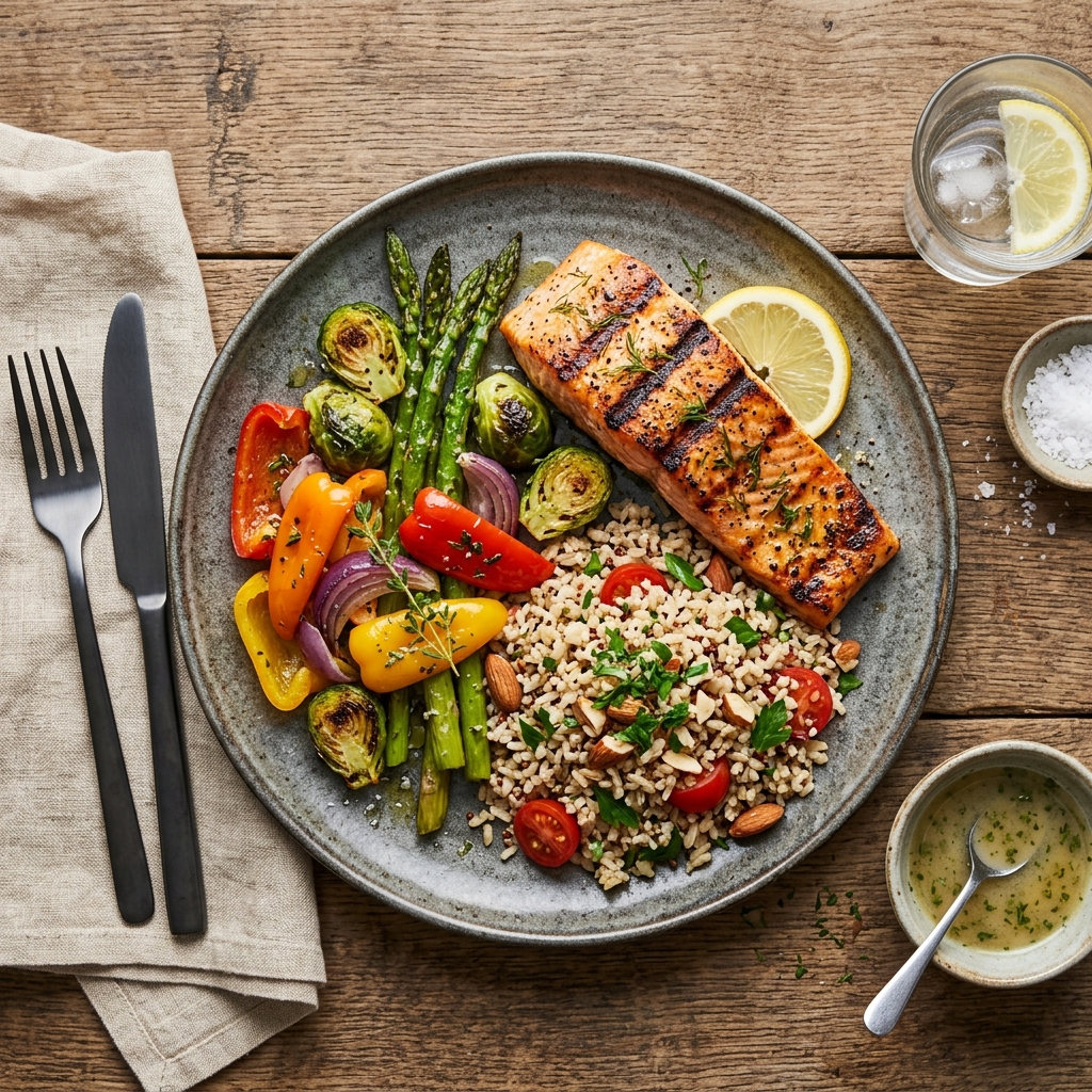 A beautifully plated balanced meal showing lean proteins and colorful vegetables