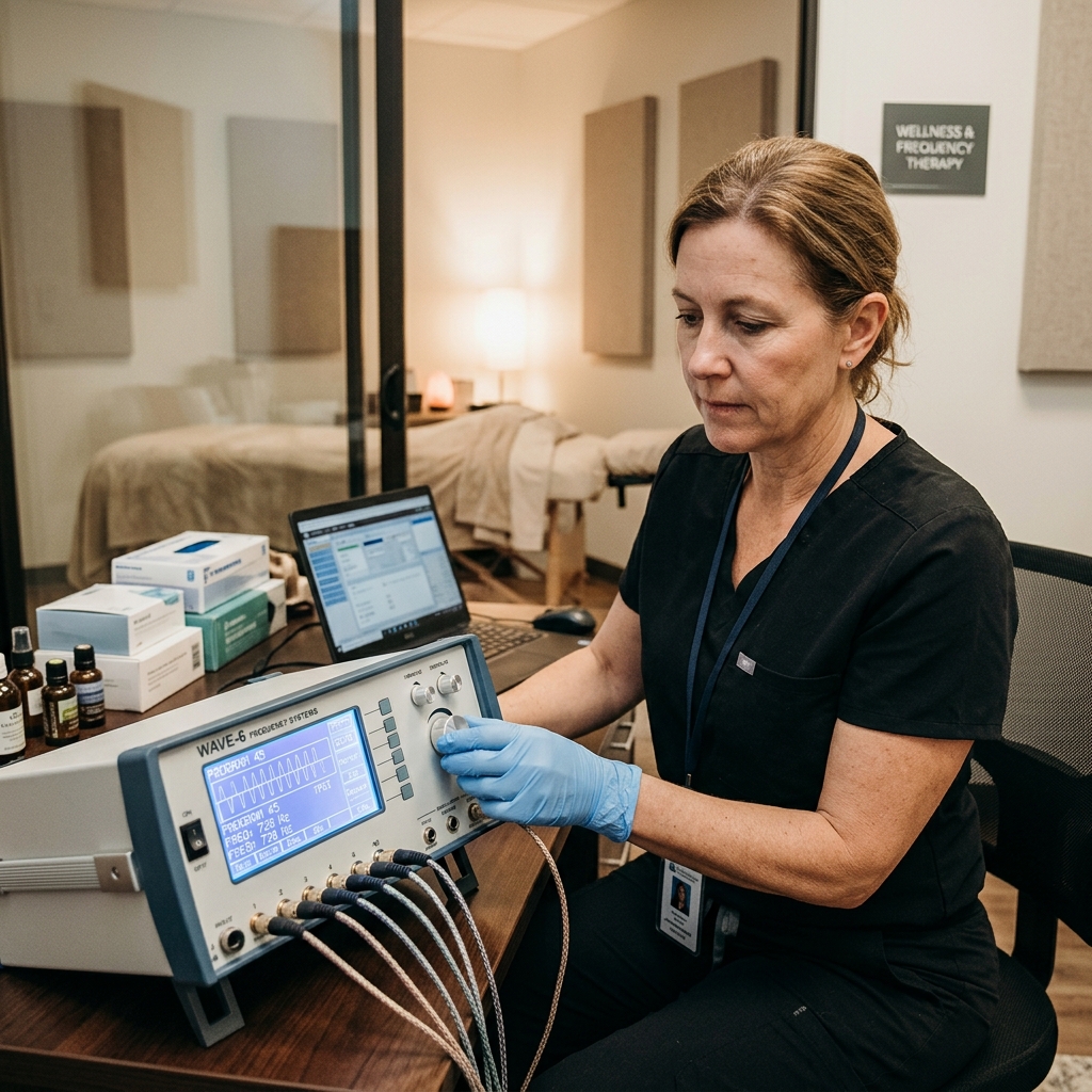 Bioresonance practitioner with Wave-6 Rife device