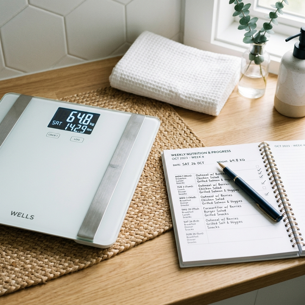 Digital scale next to a healthy nutrition meal plan for honest tracking