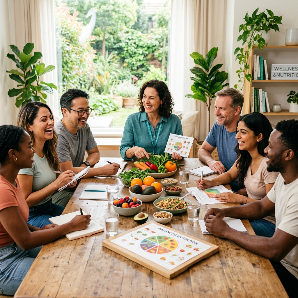 Group of people sitting around a table with a wellness coach learning about nutrition