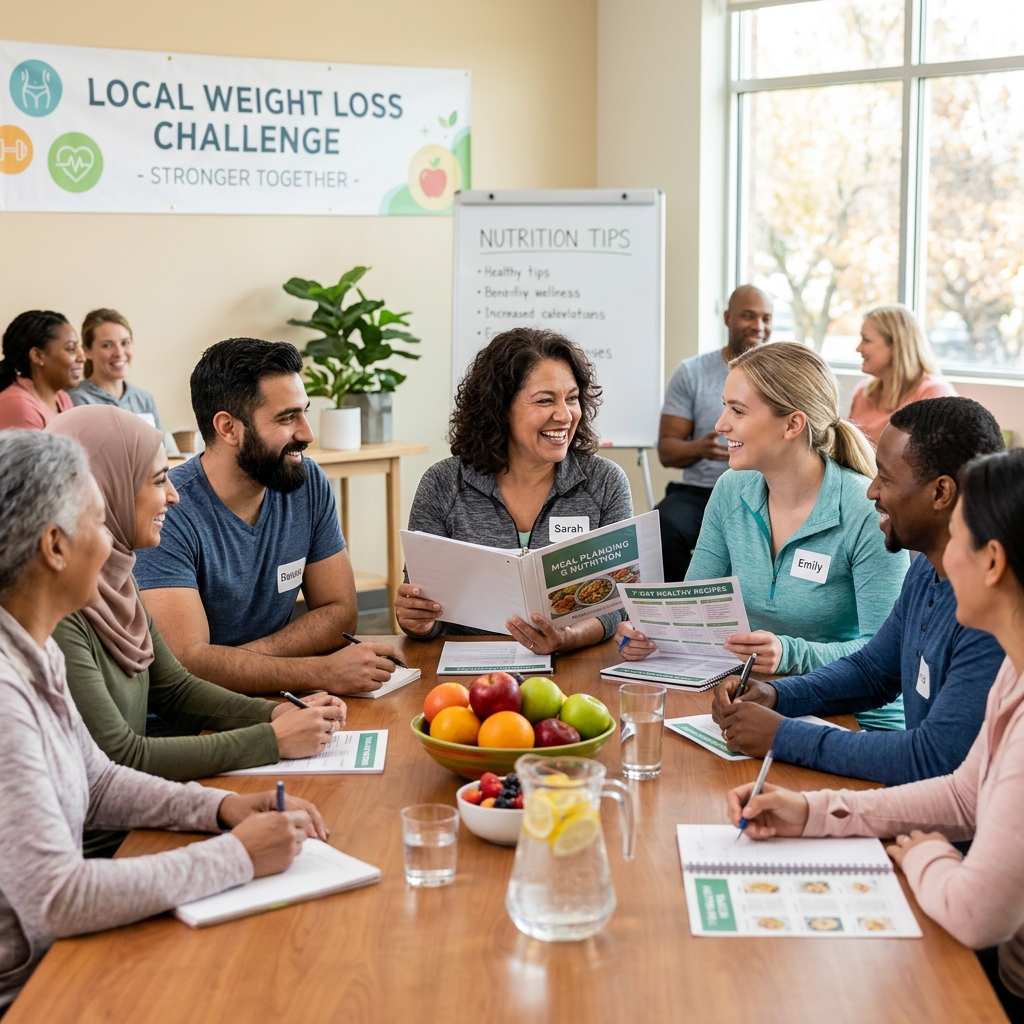 Supportive weight loss group meeting discussing nutrition