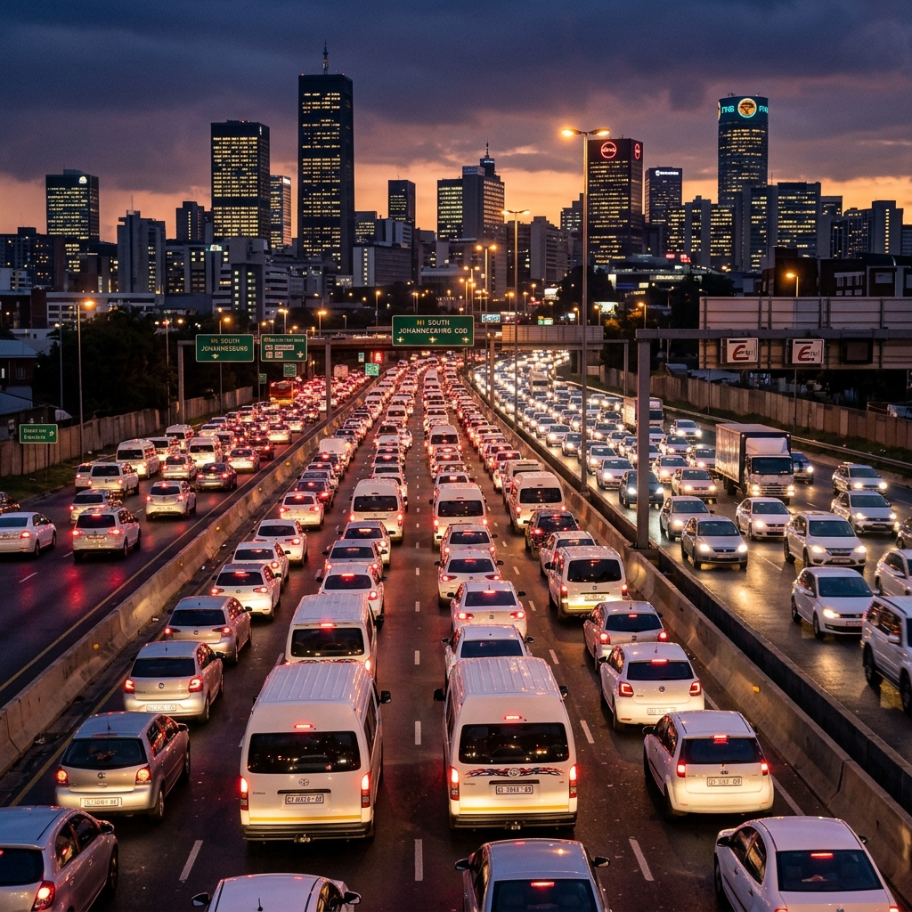 A photorealistic image of heavy rush hour traffic in a modern South African city like Johannesburg at dusk, conveying a sense of urban stress.