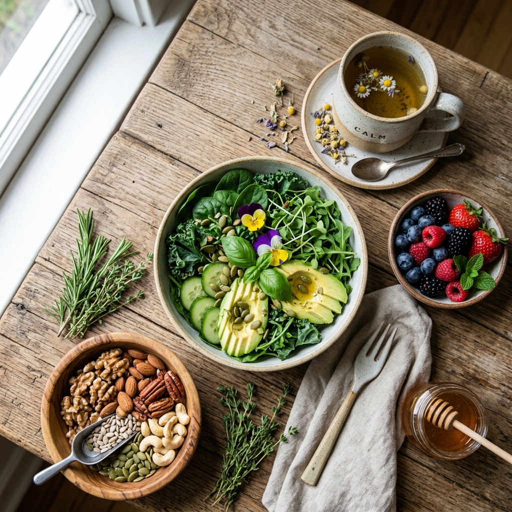 A flat lay of healthy, nutrient-rich foods that help combat stress, including dark leafy greens, nuts, berries, and a cup of herbal tea.