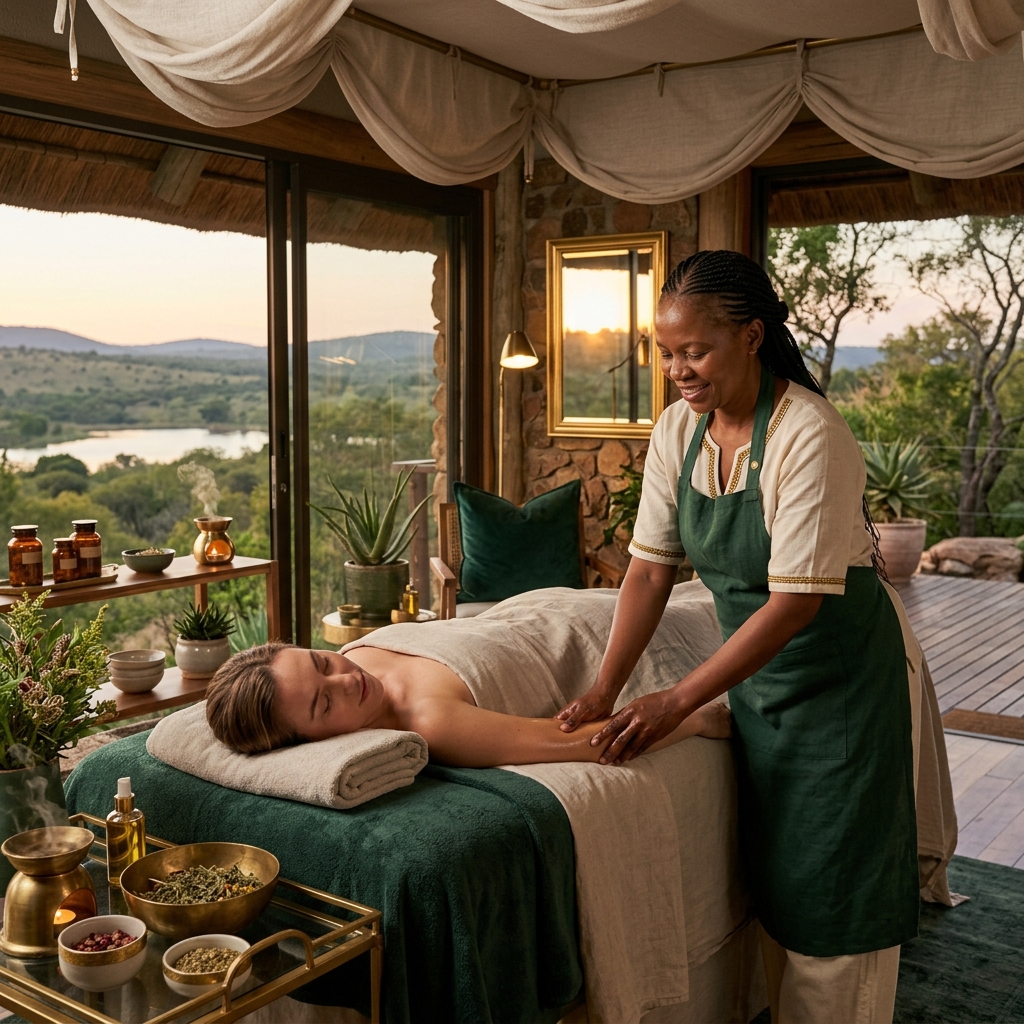 A peaceful holistic wellness setting with deep greens and gold accents, reflecting premium stress relief in South Africa