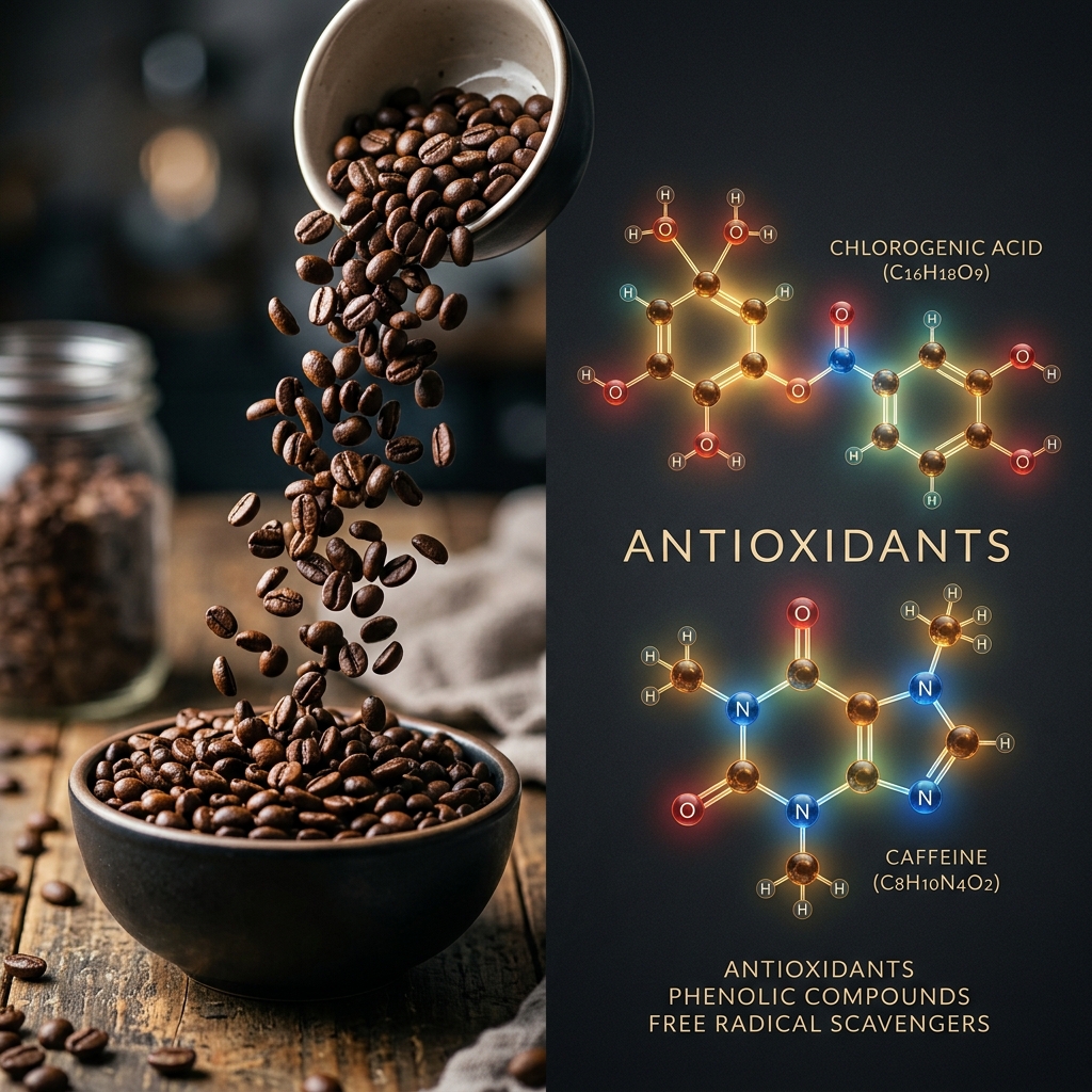 Coffee beans and antioxidants conceptual illustration
