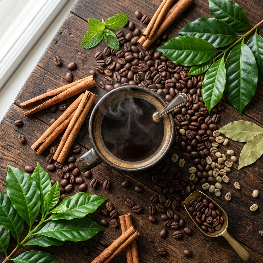 Overhead nutritional flat-lay of dark coffee with beans and organic leaves