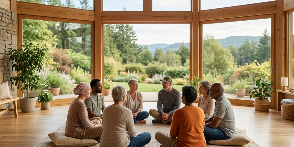 A serene support circle representing community resilience in cancer recovery