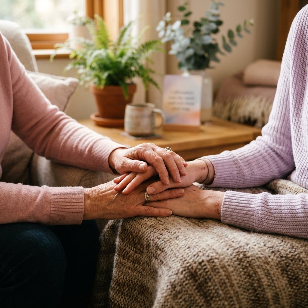Two hands holding gently, representing community and emotional support