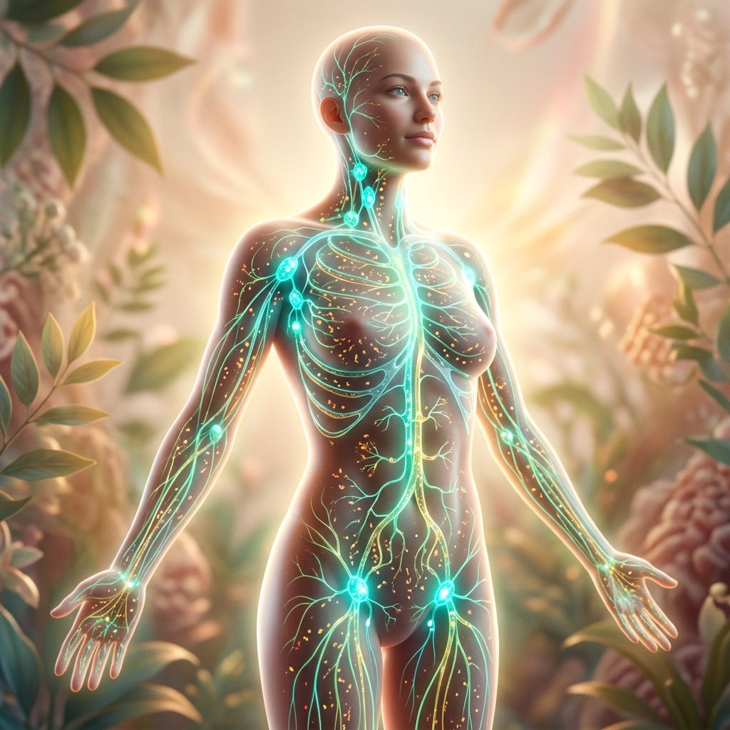 Holistic illustration of a healthy human lymphatic system clearing toxins