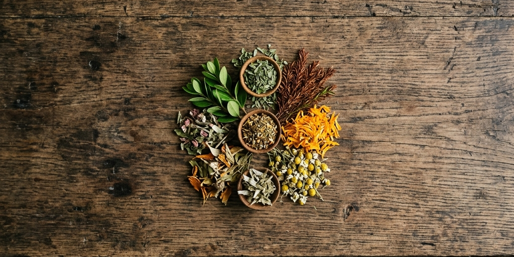 A flat lay of indigenous South African healing herbs like Buchu and Rooibos on a rustic wooden table