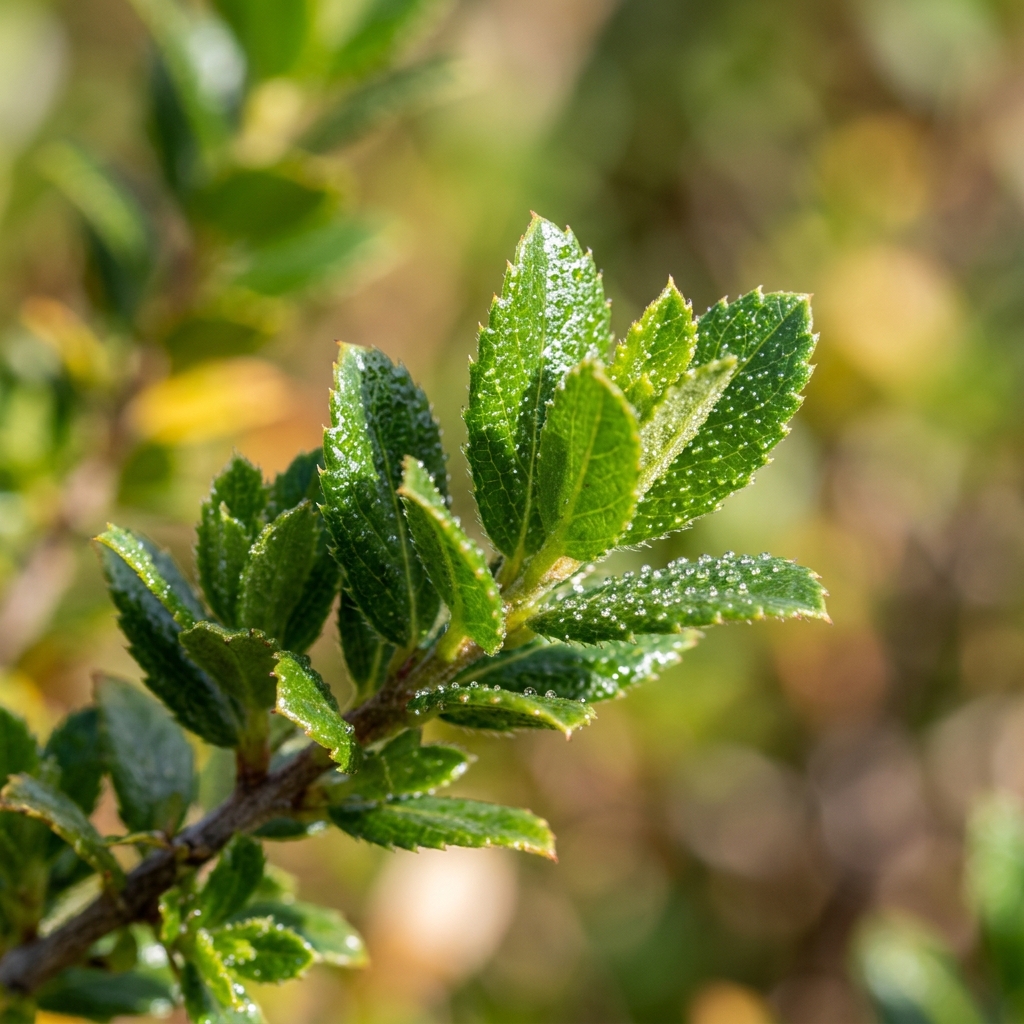 Close-up of fresh, vibrant green Buchu leaves with glistening essential oil glands