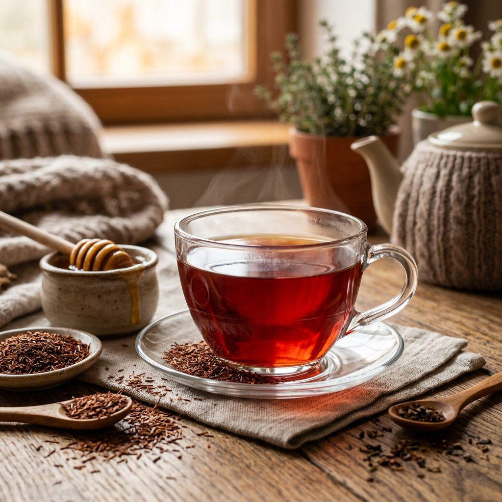 A warm, comforting cup of deep red organic Rooibos tea