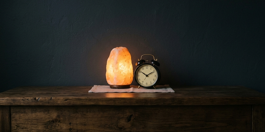 A calming bedroom aesthetic with a glowing Himalayan salt lamp and an analog alarm clock on a wooden nightstand, representing electromagnetic hygiene