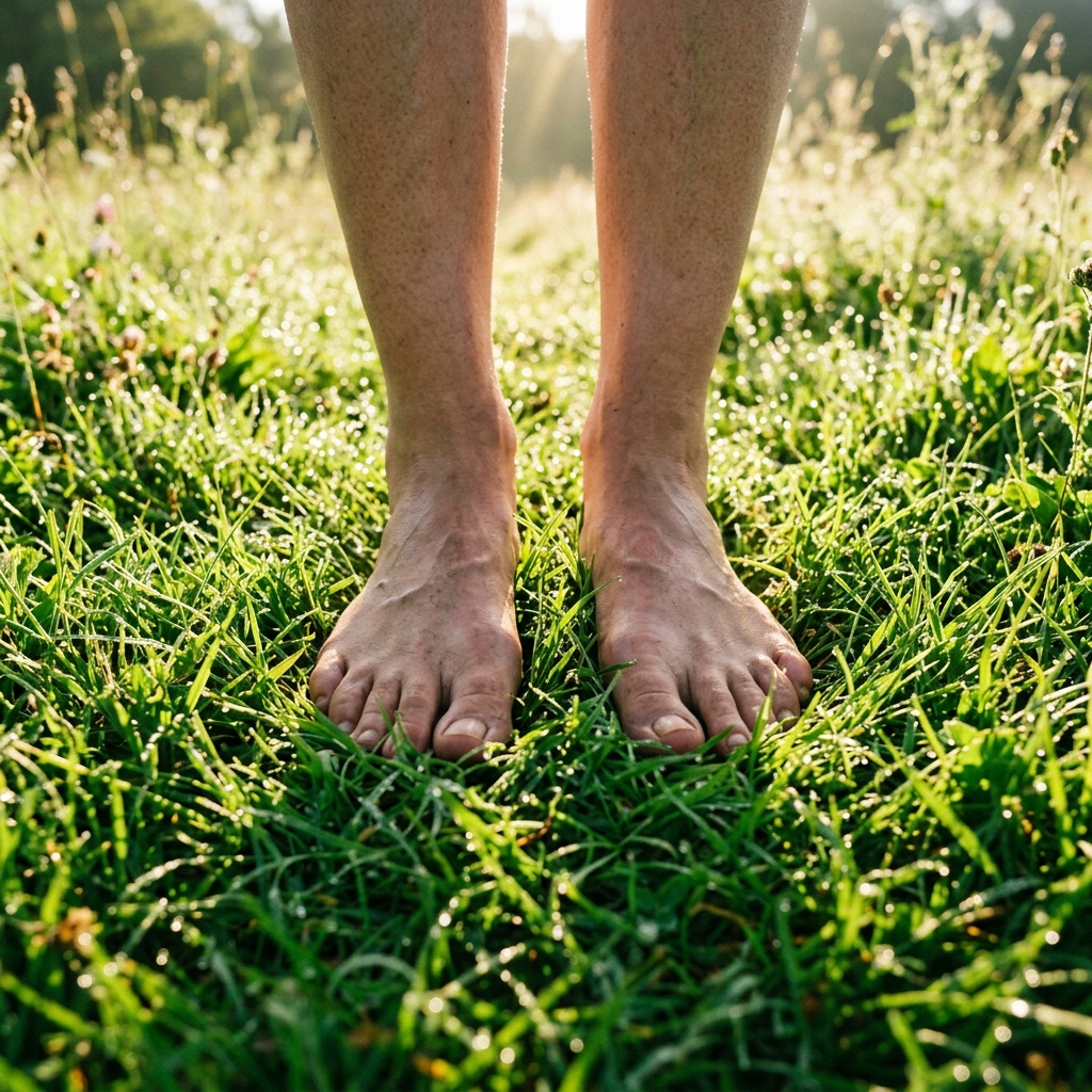 Bare human feet standing firmly on lush, vibrant green grass covered in morning dew, representing grounding