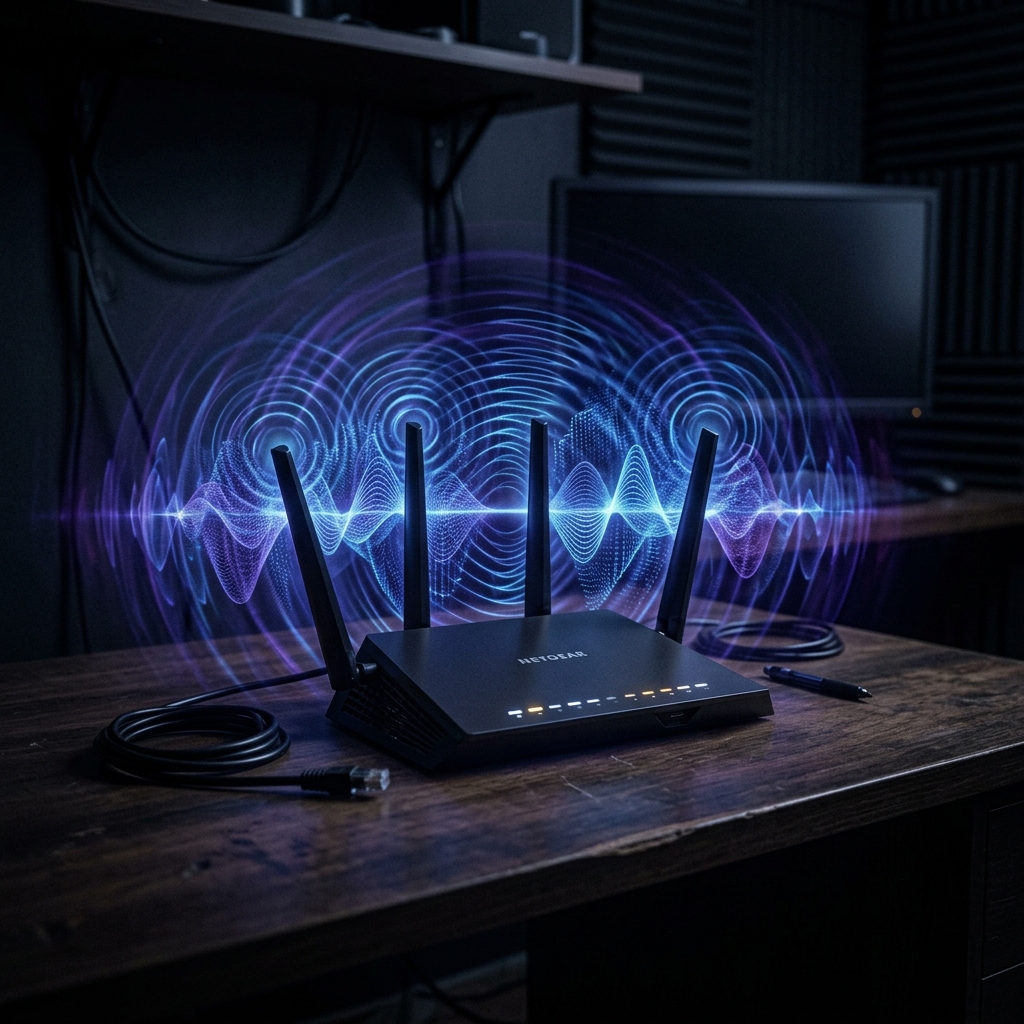 A Wi-Fi router emitting a subtle, conceptual glowing blue and purple electromagnetic field wave pattern in a dark room