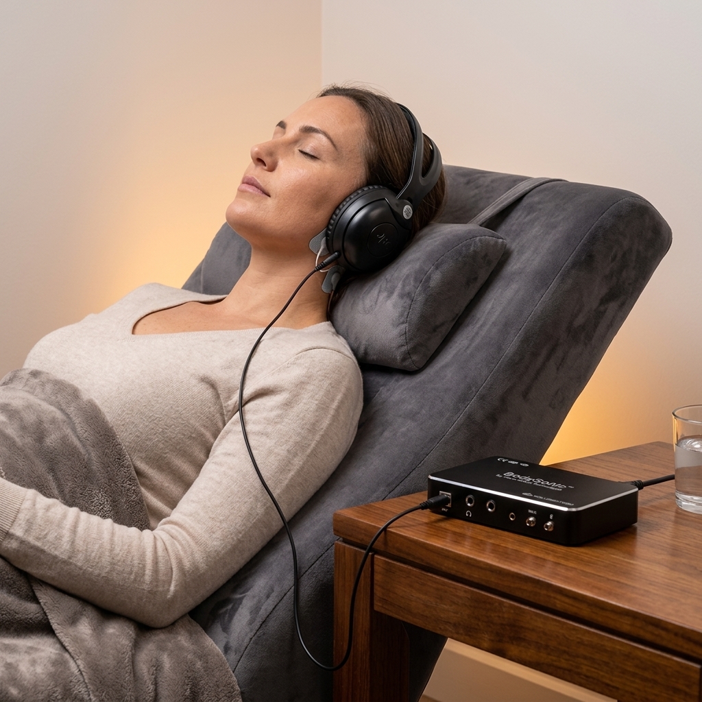 Patient resting deeply in a luxurious bioresonance therapy chair wearing headphones, with the Body Sonic machine on a side table