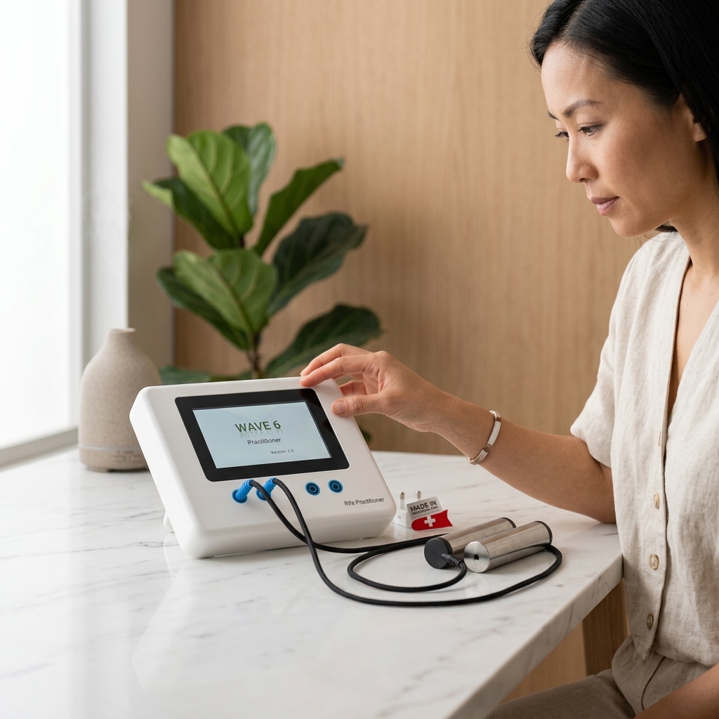 Holistic practitioner adjusting the Rife Practitioner 6 machine on a desk to deliver detox-supporting frequencies
