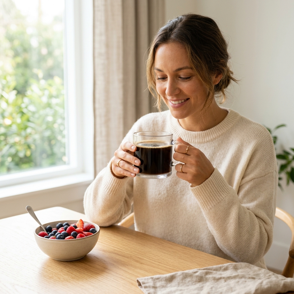 Person holding a clear glass mug of black coffee with fresh berries
