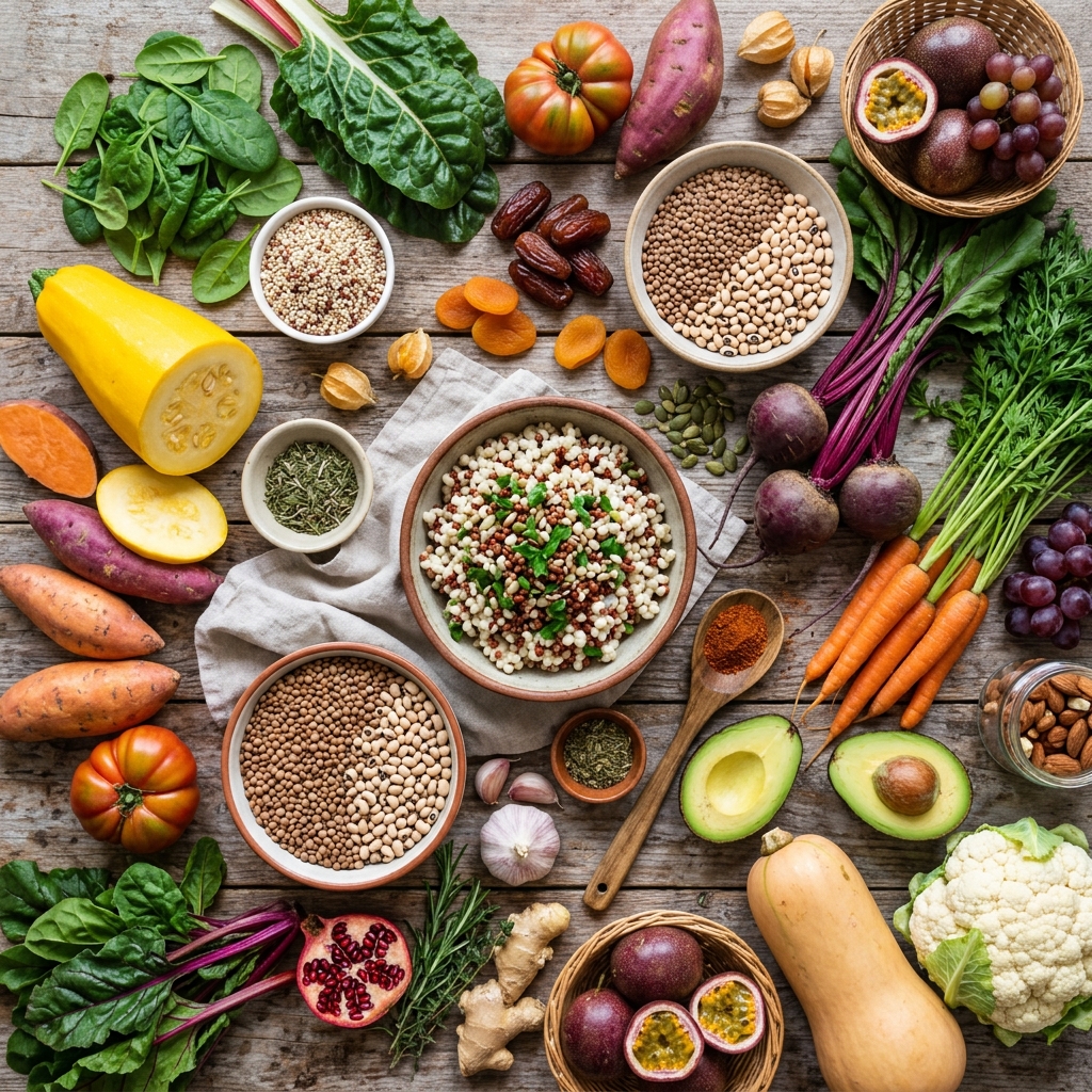 Colorful fresh South African whole foods like vegetables and healthy grains