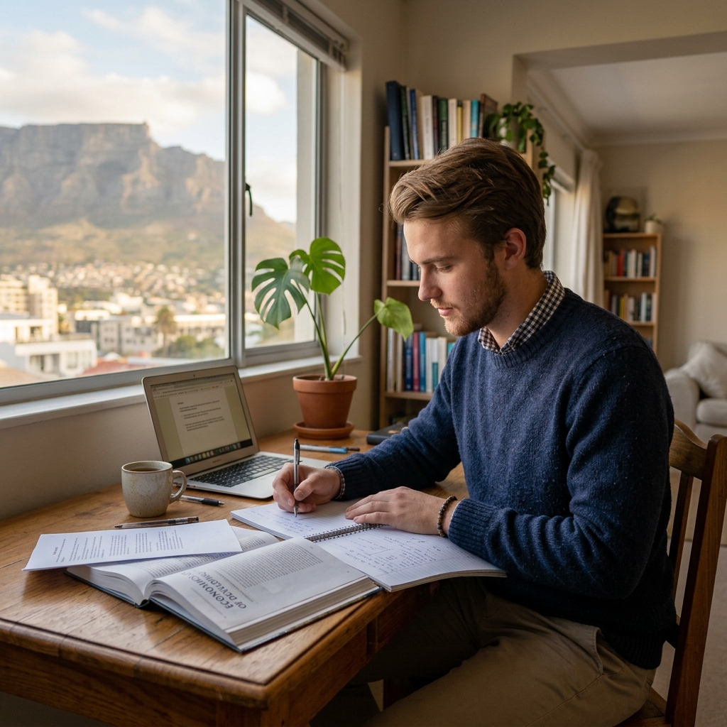 South African university student studying with calm, sustained focus in a Cape Town apartment